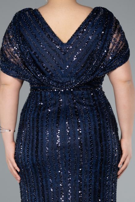 Long Navy Blue Dantelle Plus Size Engagement Dress ABU4948