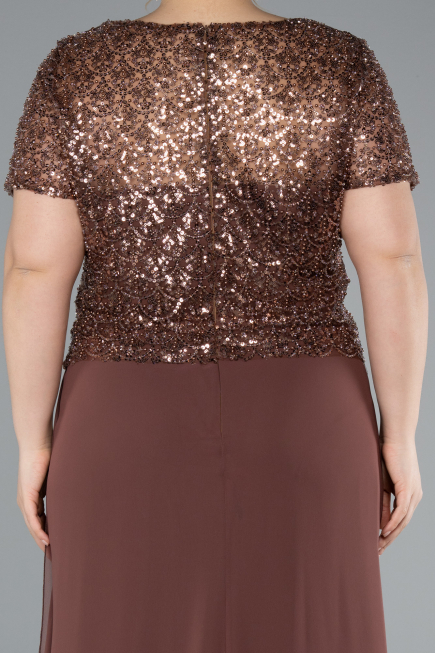 Copper Short Sleeve Beaded Slit Long Plus Size Chiffon Evening Gown ABU4806