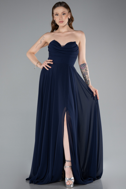 Long Navy Blue Chiffon Prom Gown ABU4966