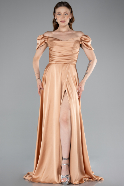 Salmon Boat Neck Slit Long Satin Prom Gown ABU4508