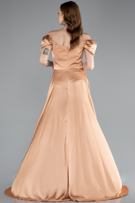 Salmon Boat Neck Slit Long Satin Prom Gown ABU4508