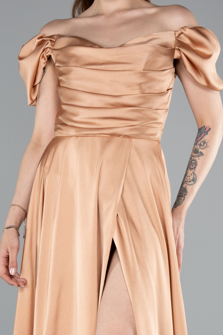 Salmon Boat Neck Slit Long Satin Prom Gown ABU4508