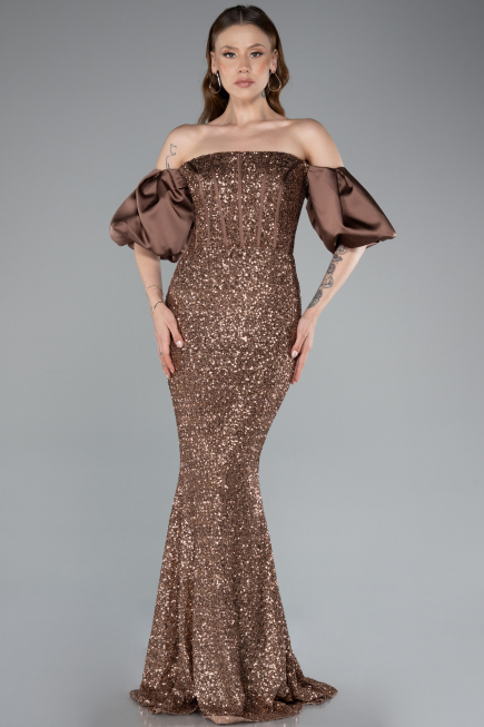 Brown Strapless Sleeve Accessories Long Scaly Evening Gown ABU4308