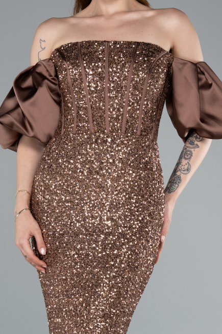 Brown Strapless Sleeve Accessories Long Scaly Evening Gown ABU4308