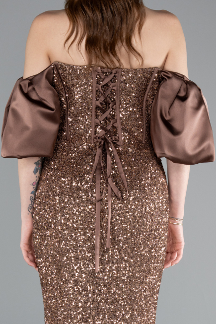 Brown Strapless Sleeve Accessories Long Scaly Evening Gown ABU4308