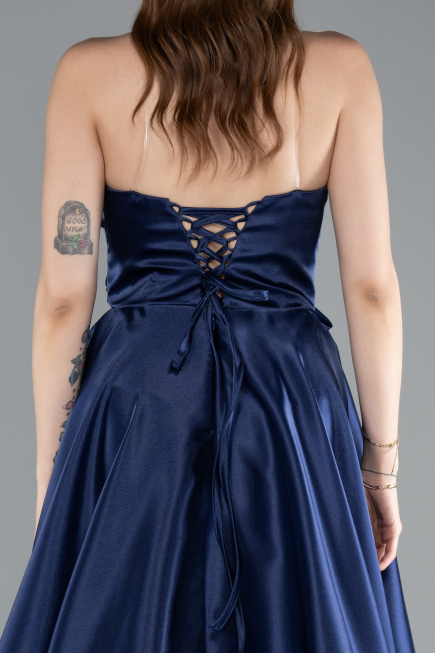 Long Navy Blue Satin Evening Dress ABU4975
