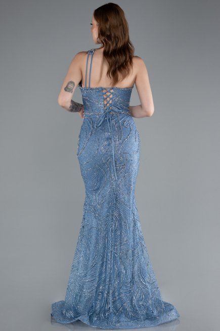 Indigo One Shoulder Slit Long Glitter Mermaid Evening Gown ABU4697