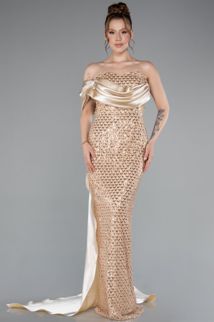 Long Gold Beaded Mermaid Evening Gown ABU4986