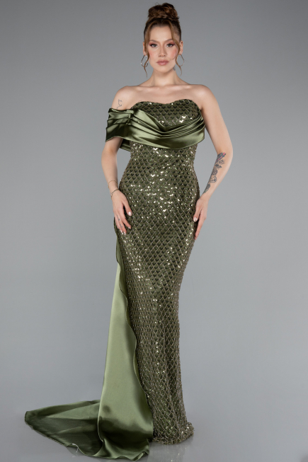 Long Olive Drab Beaded Mermaid Evening Gown ABU4986