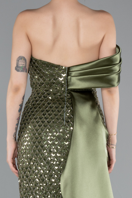 Long Olive Drab Beaded Mermaid Evening Gown ABU4986