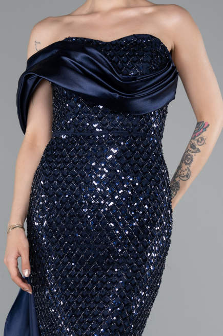 Long Navy Blue Beaded Mermaid Evening Gown ABU4986