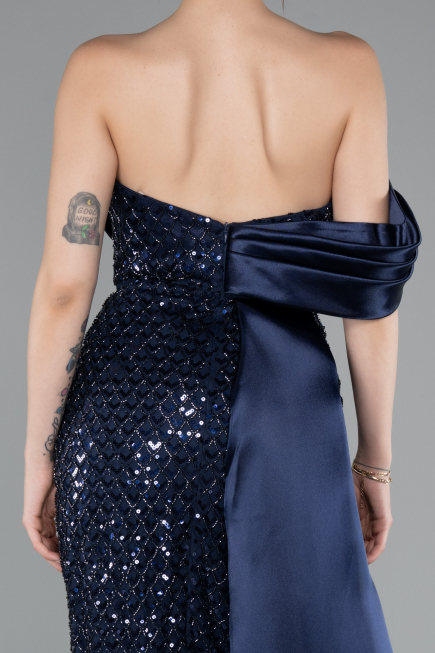 Long Navy Blue Beaded Mermaid Evening Gown ABU4986