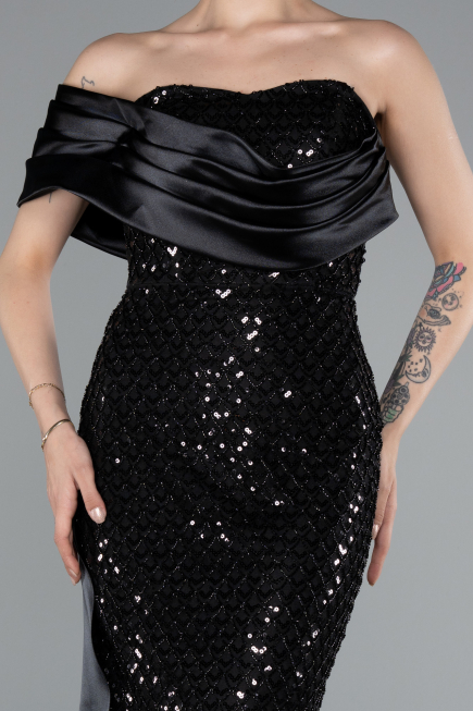 Long Black Beaded Mermaid Evening Gown ABU4986