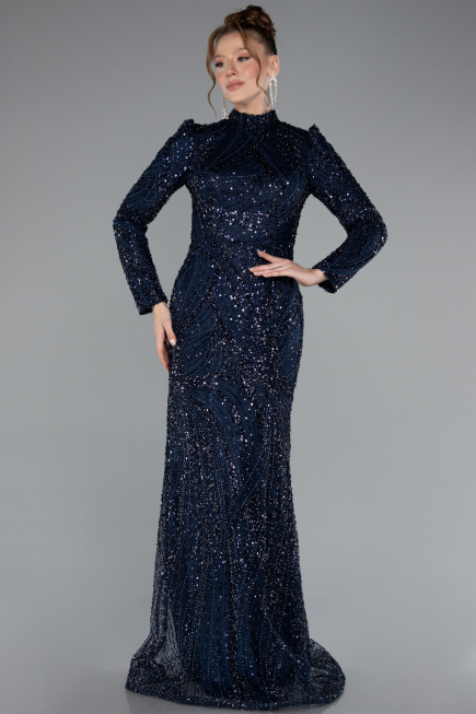 Long Navy Blue Beaded Hijab Dress ABU4992
