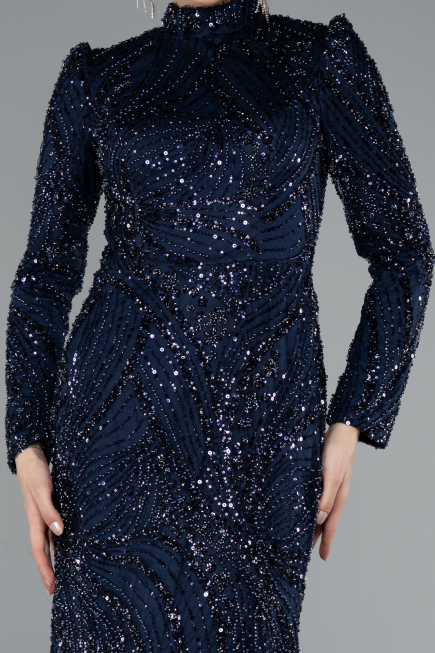 Long Navy Blue Beaded Hijab Dress ABU4992