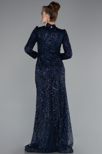 Long Navy Blue Beaded Hijab Dress ABU4992