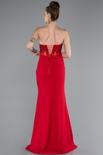 Red Strapless Lace Appliqued Slit Long Evening Gown ABU5001