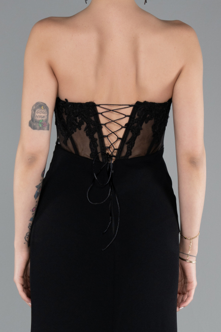Black Strapless Lace Appliqued Slit Long Evening Gown ABU5001