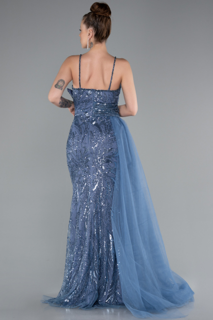 Indigo Strappy Tail Long Beaded Special Design Evening Dress ABU5003