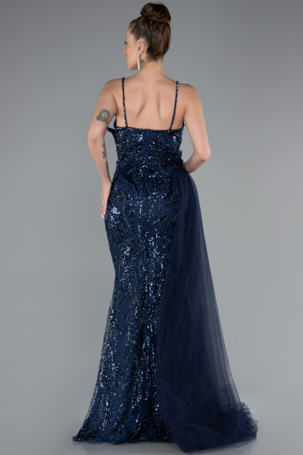Navy Blue Strappy Tail Long Beaded Special Design Evening Dress ABU5003