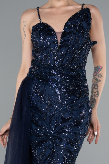 Navy Blue Strappy Tail Long Beaded Special Design Evening Dress ABU5003