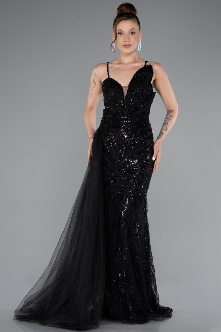 Black Strappy Tail Long Beaded Special Design Evening Dress ABU5003