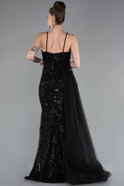Black Strappy Tail Long Beaded Special Design Evening Dress ABU5003