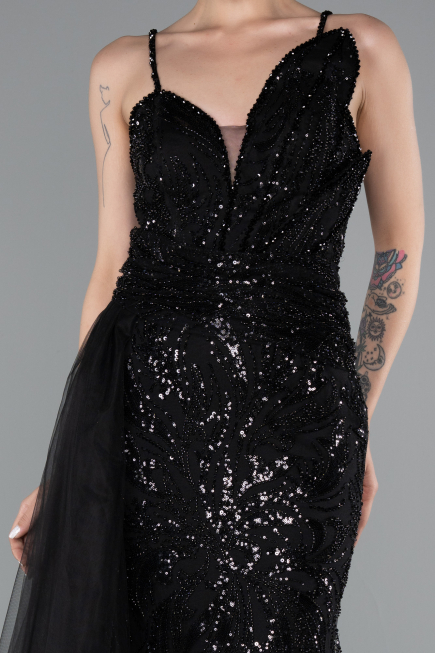 Black Strappy Tail Long Beaded Special Design Evening Dress ABU5003