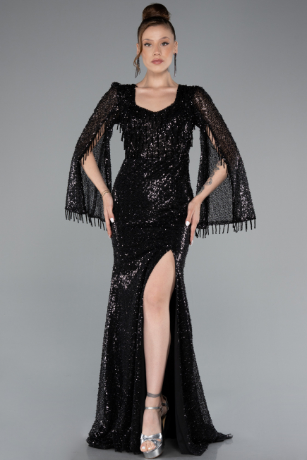Black Slit Shawl Sleeve Long Special Design Beaded Evening Dress ABU5002