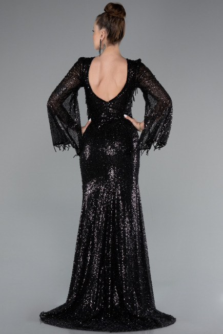 Black Slit Shawl Sleeve Long Special Design Beaded Evening Dress ABU5002