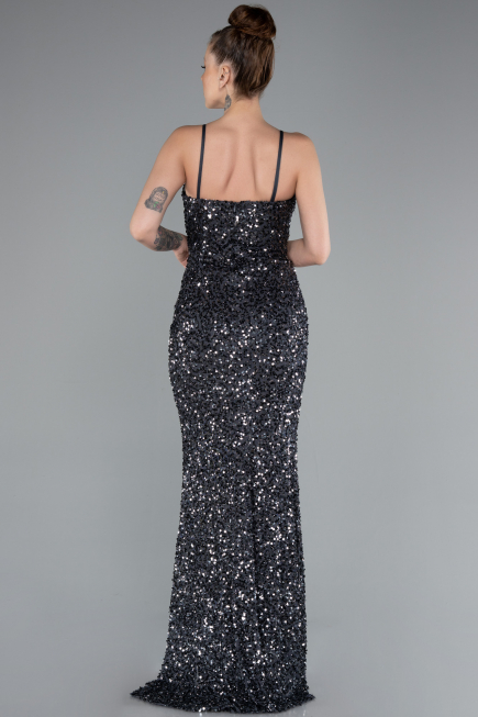 Anthracite Strapless Underwire Slit Long Sequin Evening Gown ABU4842