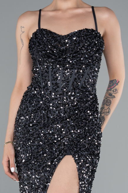 Anthracite Strapless Underwire Slit Long Sequin Evening Gown ABU4842