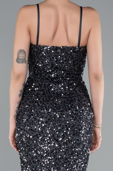 Anthracite Strapless Underwire Slit Long Sequin Evening Gown ABU4842