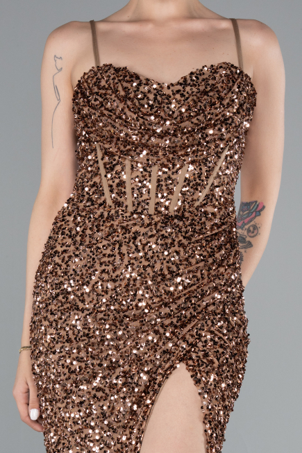 Copper Strapless Underwire Slit Long Sequin Evening Gown ABU4842