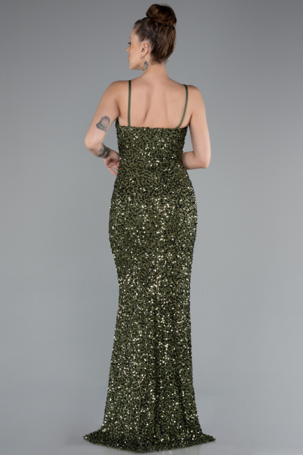 Olive Drab Strapless Underwire Slit Long Sequin Evening Gown ABU4842