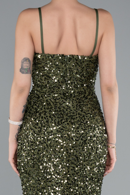 Olive Drab Strapless Underwire Slit Long Sequin Evening Gown ABU4842