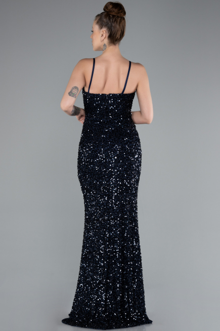 Navy Blue Strapless Underwire Slit Long Sequin Evening Gown ABU4842