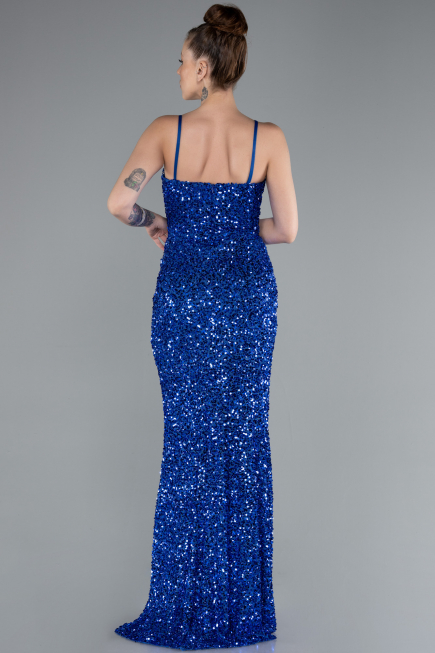Sax Blue Strapless Underwire Slit Long Sequin Evening Gown ABU4842