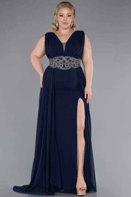 Navy Blue Sleeveless Waist Stoned Slit Long Chiffon Plus Size Evening Gown ABU5006
