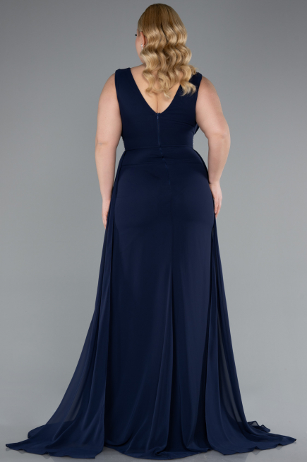 Navy Blue Sleeveless Waist Stoned Slit Long Chiffon Plus Size Evening Gown ABU5006