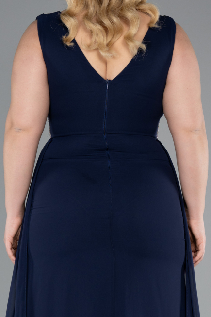 Navy Blue Sleeveless Waist Stoned Slit Long Chiffon Plus Size Evening Gown ABU5006