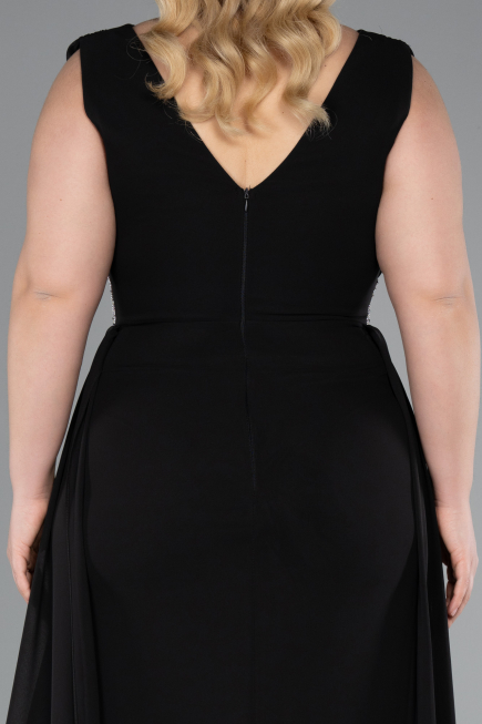 Black Sleeveless Waist Stoned Slit Long Chiffon Plus Size Evening Gown ABU5006