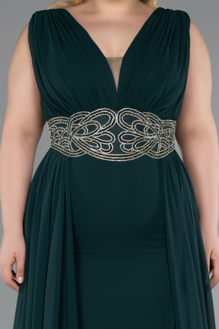 Emerald Green Sleeveless Waist Stoned Slit Long Chiffon Plus Size Evening Gown ABU5006