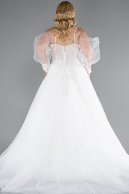 White Stone Embroidered Long Sleeve Plus Size Wedding Dress ABG118