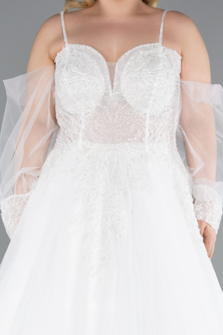 White Stone Embroidered Long Sleeve Plus Size Wedding Dress ABG118