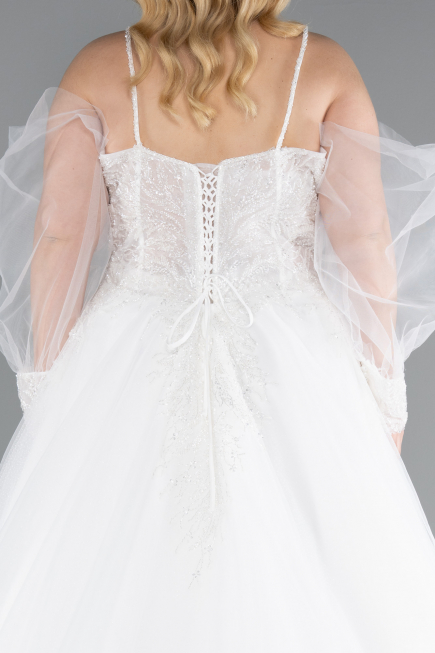 White Stone Embroidered Long Sleeve Plus Size Wedding Dress ABG118