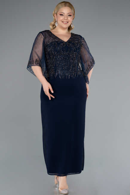 Midi Navy Blue Chiffon Plus Size Evening Dress ABK2333