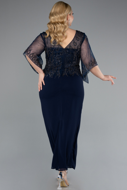 Midi Navy Blue Chiffon Plus Size Evening Dress ABK2333