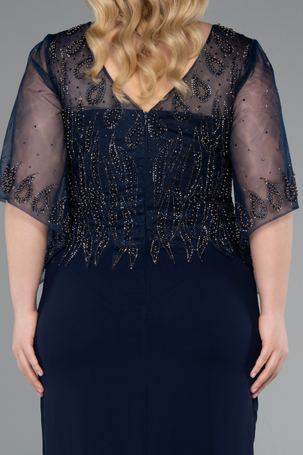 Midi Navy Blue Chiffon Plus Size Evening Dress ABK2333