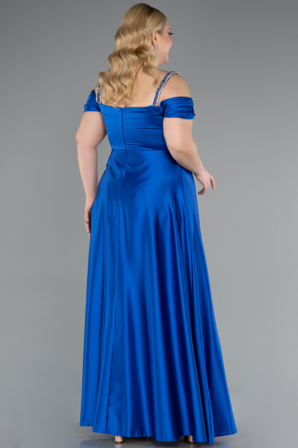 Sax Blue Long Satin Plus Size Evening Dress ABU3277